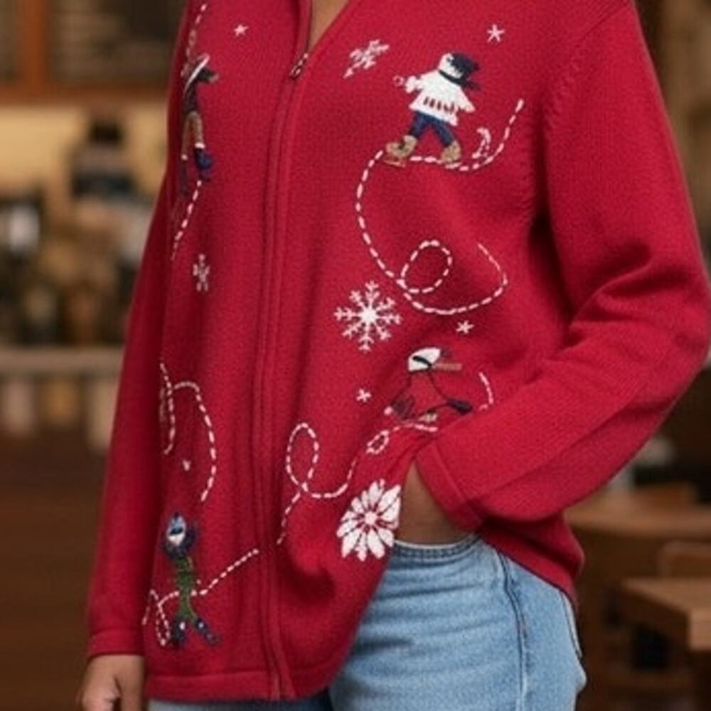 "Charter Club" Womens Red Full Zip Winter Cardigan SZ 2X Ice Skaters Embroidered